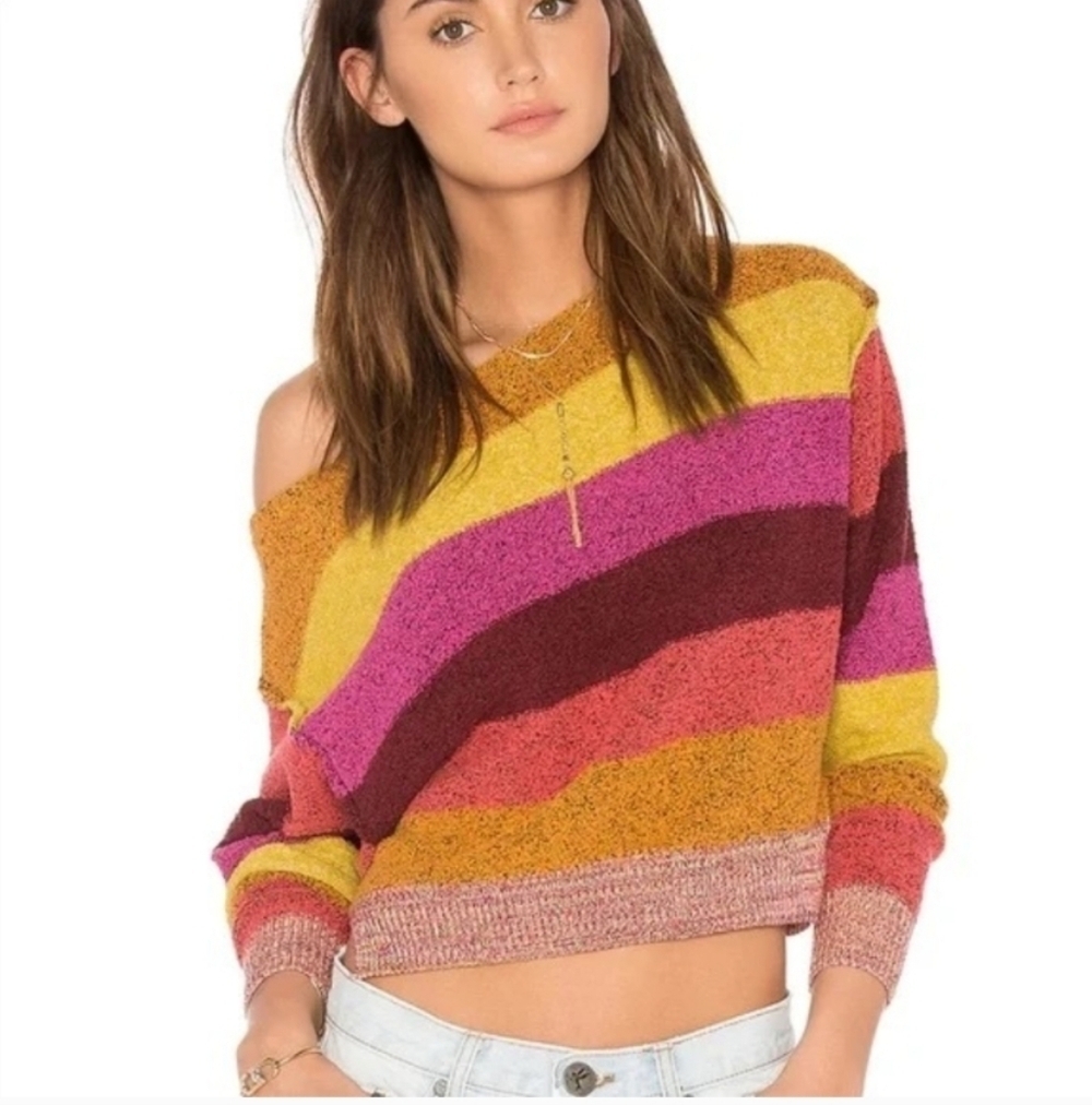 Free People Candyland Striped Cropped Sweater Small Boho Oversized Slouchy - Picture 2 of 5